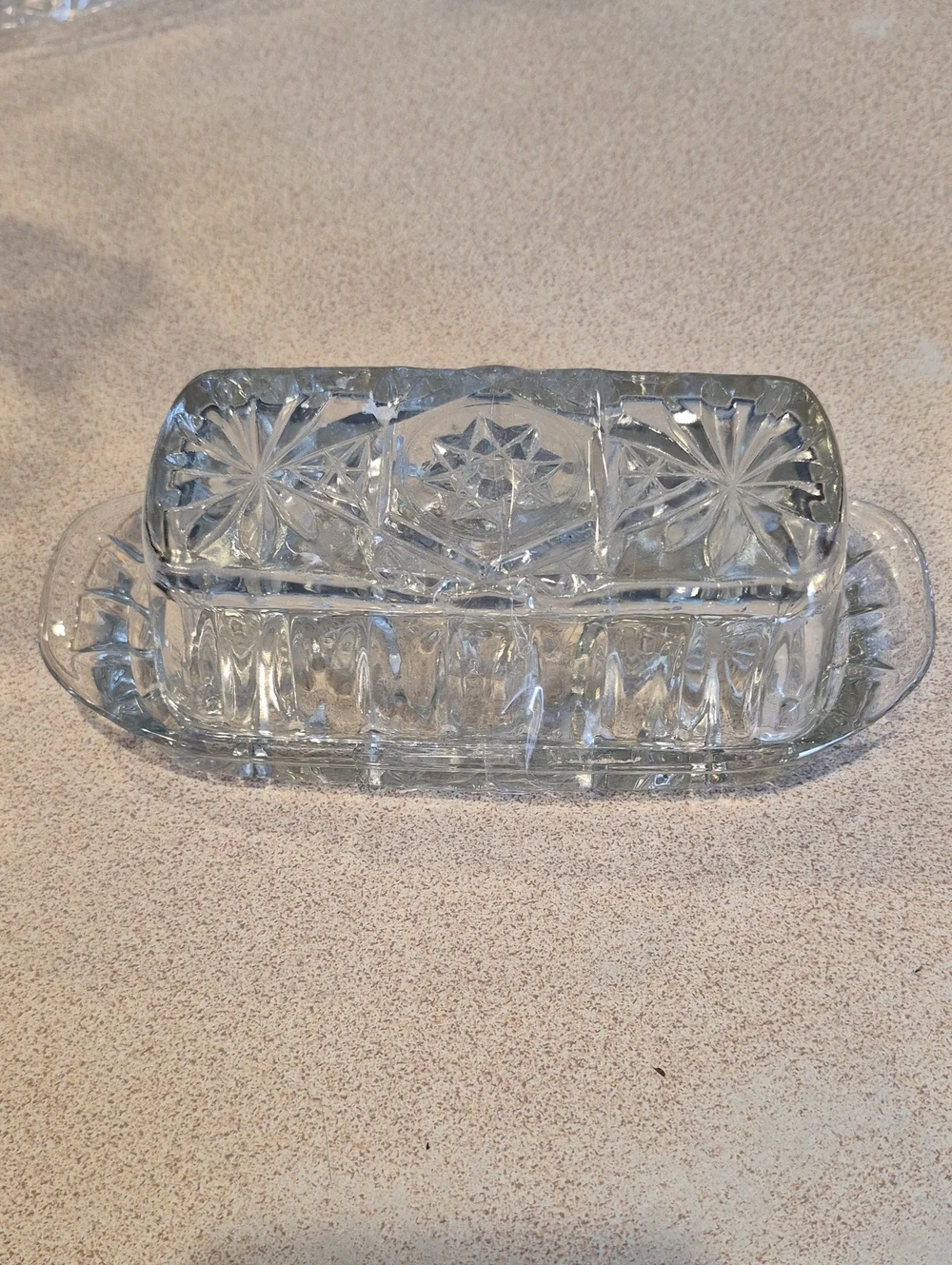 Pressed Glass Butter Dish with Starburst Pattern